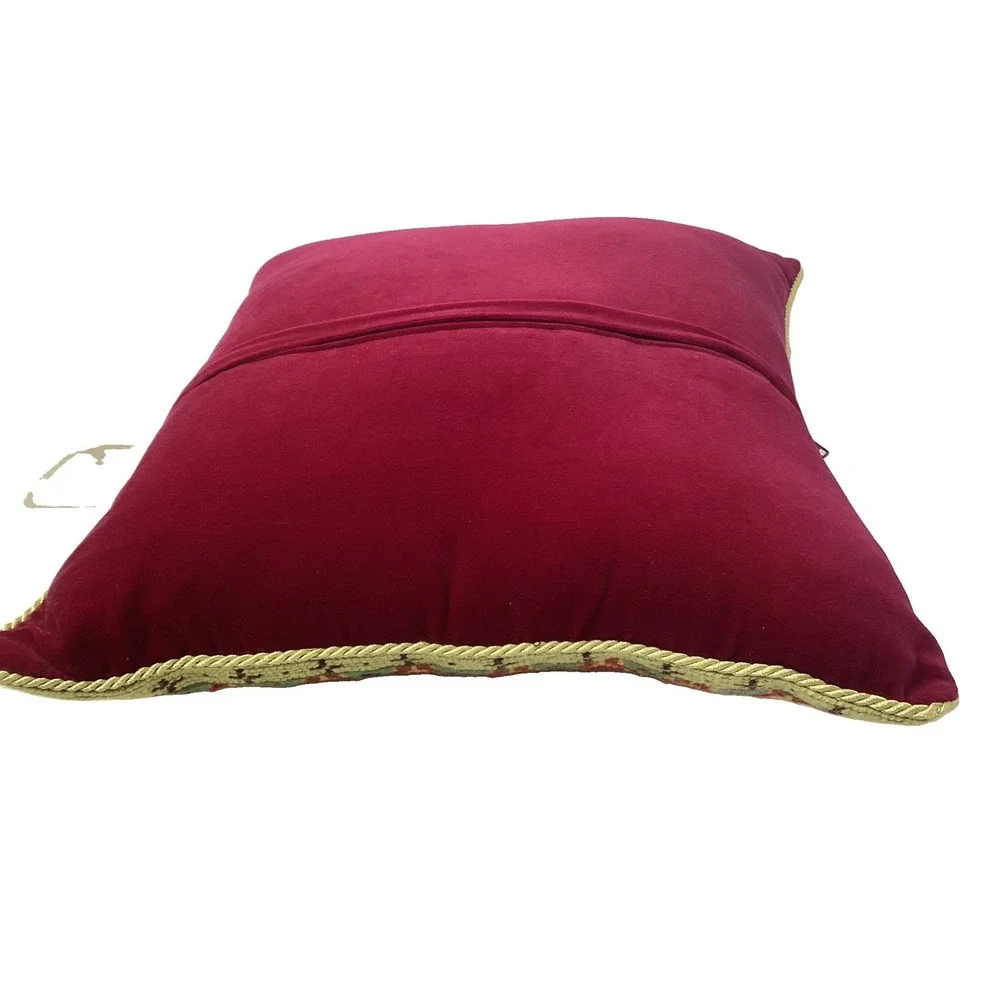 Wool Needlepoint Santa Pillow Velvet Back Square With Border 13.5